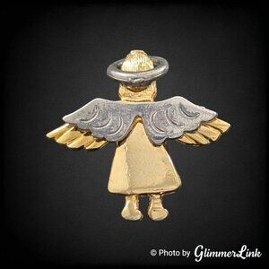 Vintage 90s Two Tone Winged Angel Religious Gold & Silver Tone Brooch Pendant